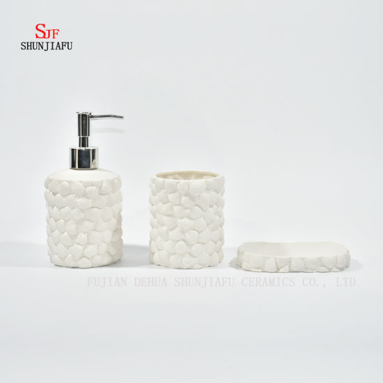 3-teiliges weißes Keramik-Badezimmerzubehörset /, Becher, Seifenschale & Dispense