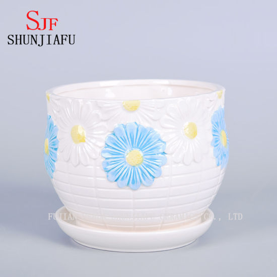 Riesige weiße und blaue Gänseblümchen-Design-Untertasse-Pflanzer-Blumentopf