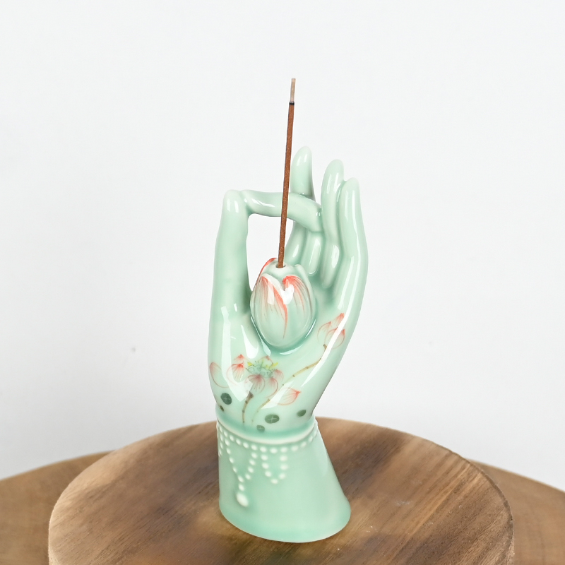 Keramik-Weihrauch-Stickhalter Hand bemalt Celadon Buddhas Handdesign 
