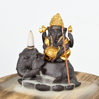 Keramik-Ganesha-Stil 2 sitzt auf dem Elefanten-Wasserfall-Rückfluss-Räucherstäbchen-Kegel-Keramik-Backflow-Räucherbrenner