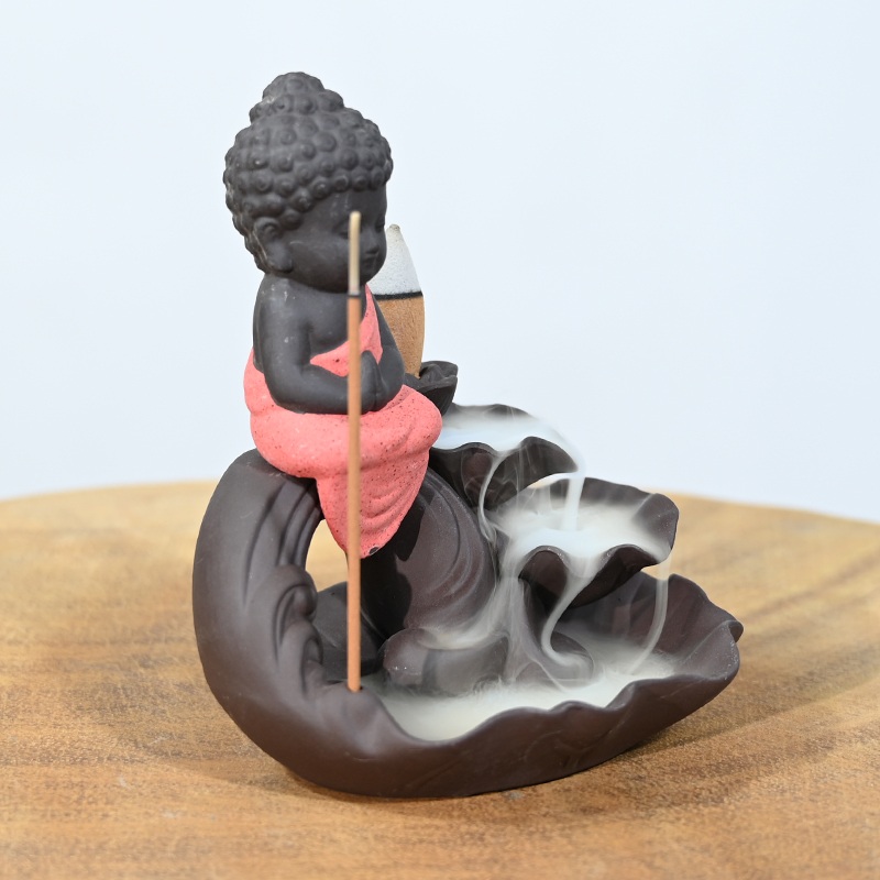Keramikroter Buddha Backflow -Kegel -Weihrauchhalter