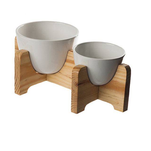 Kreative Holzrahmen Pet Bowl Größe Doppel Handgelenk Pet Bowl Keramik Dog Bowl