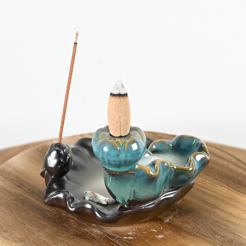 Keramik Wasserfall Backflow Weihrauch Brenner Green Lotus Style Design Zwei Goldfische spielen