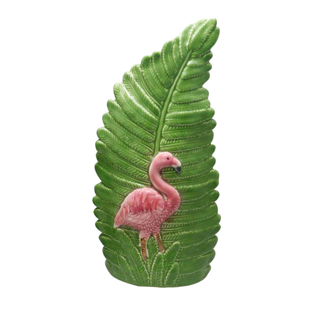 Grüne Keramikblattvase Geprägte rosa Flamingovase