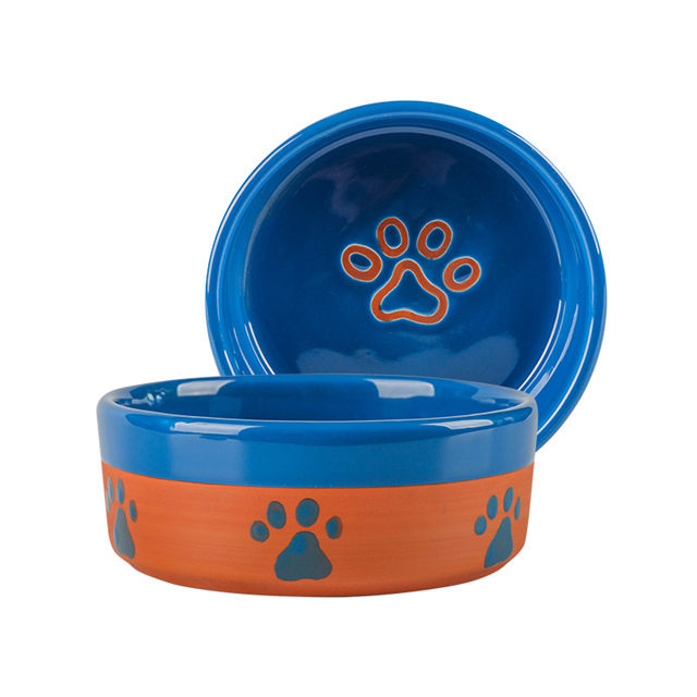 mit Hundefußabdrücken Drucken von kreisförmig bedruckten Knochen an der Schüssel Boden Keramik Hundefutter Blau und Orangekeramik Pet Feeder Pink Keramik Hundenapf