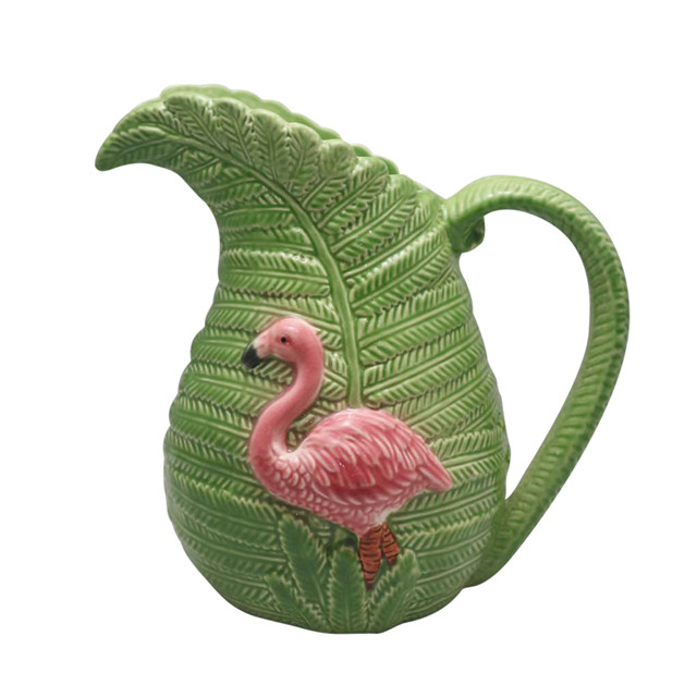 Keramische grüne Kokosnussblätter Topf Art Relief Flamingo Vase