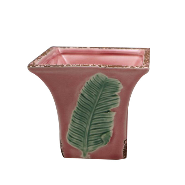 Keramik geprägte grüne Blätter rosa Blumentopf