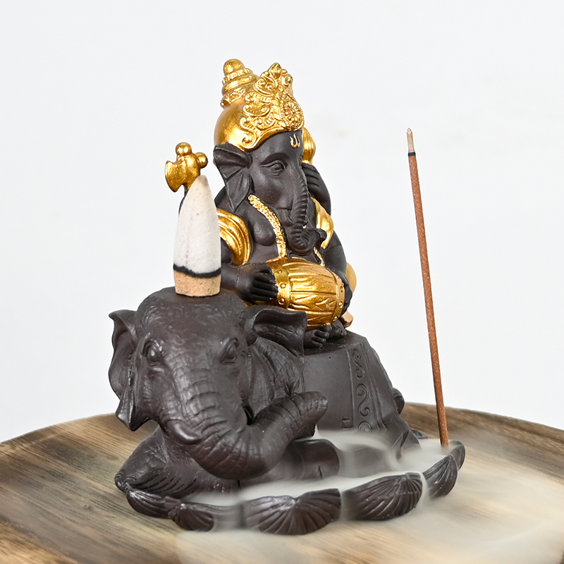 Keramik-Ganesha-Stil 2 sitzt auf dem Elefanten-Wasserfall-Rückfluss-Räucherstäbchen-Kegel-Keramik-Backflow-Räucherbrenner