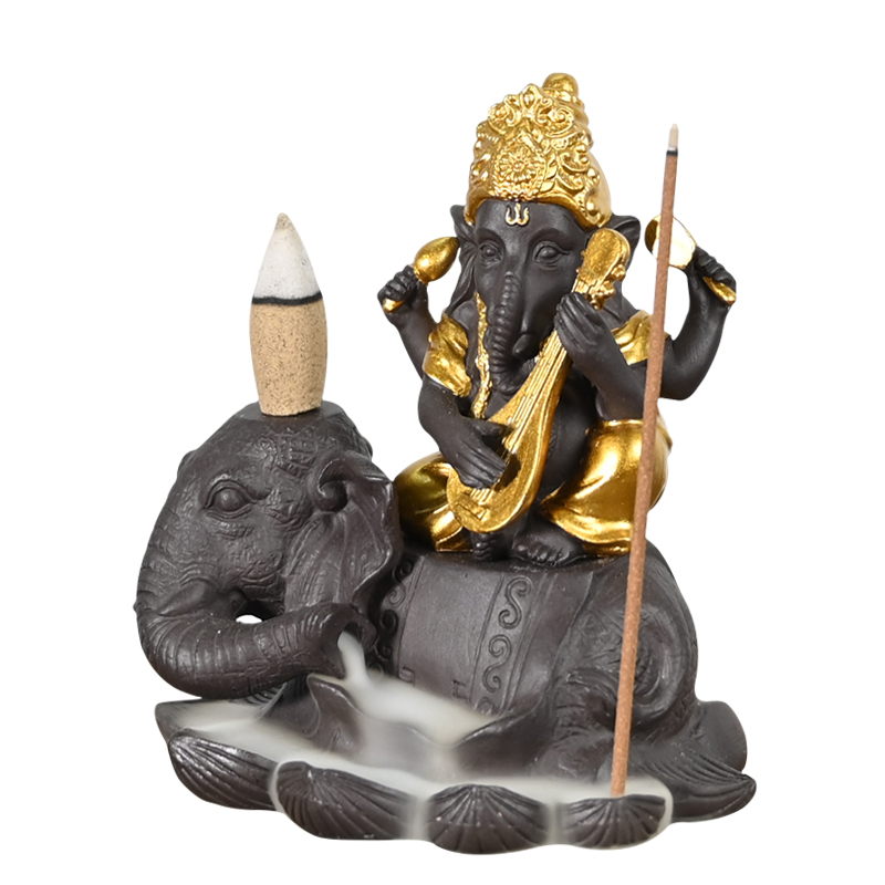 Keramik-Ganesha sitzt auf dem Elefanten-Wasserfall Backflow-Räucherstäbchen-Kegel-Keramik-Backflow-Räucherbrenner