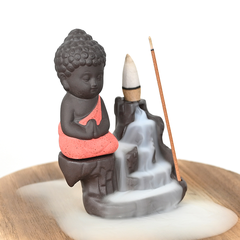 Räucherstäbchenhalter aus Keramik, roter kleiner Buddha, Wasserfall, Rückfluss, Räucherstäbchenhalter aus Keramik, Wasserfall, Rückfluss